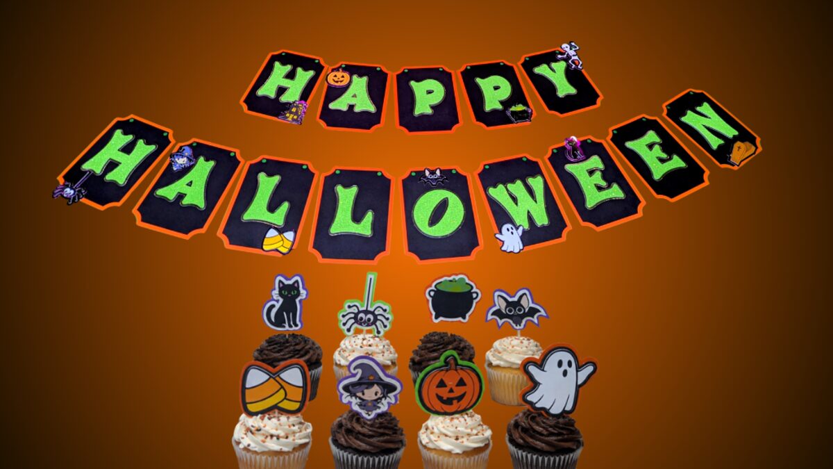 Happy Halloween banner with creepy-cute characters and seasonal cupcake toppers